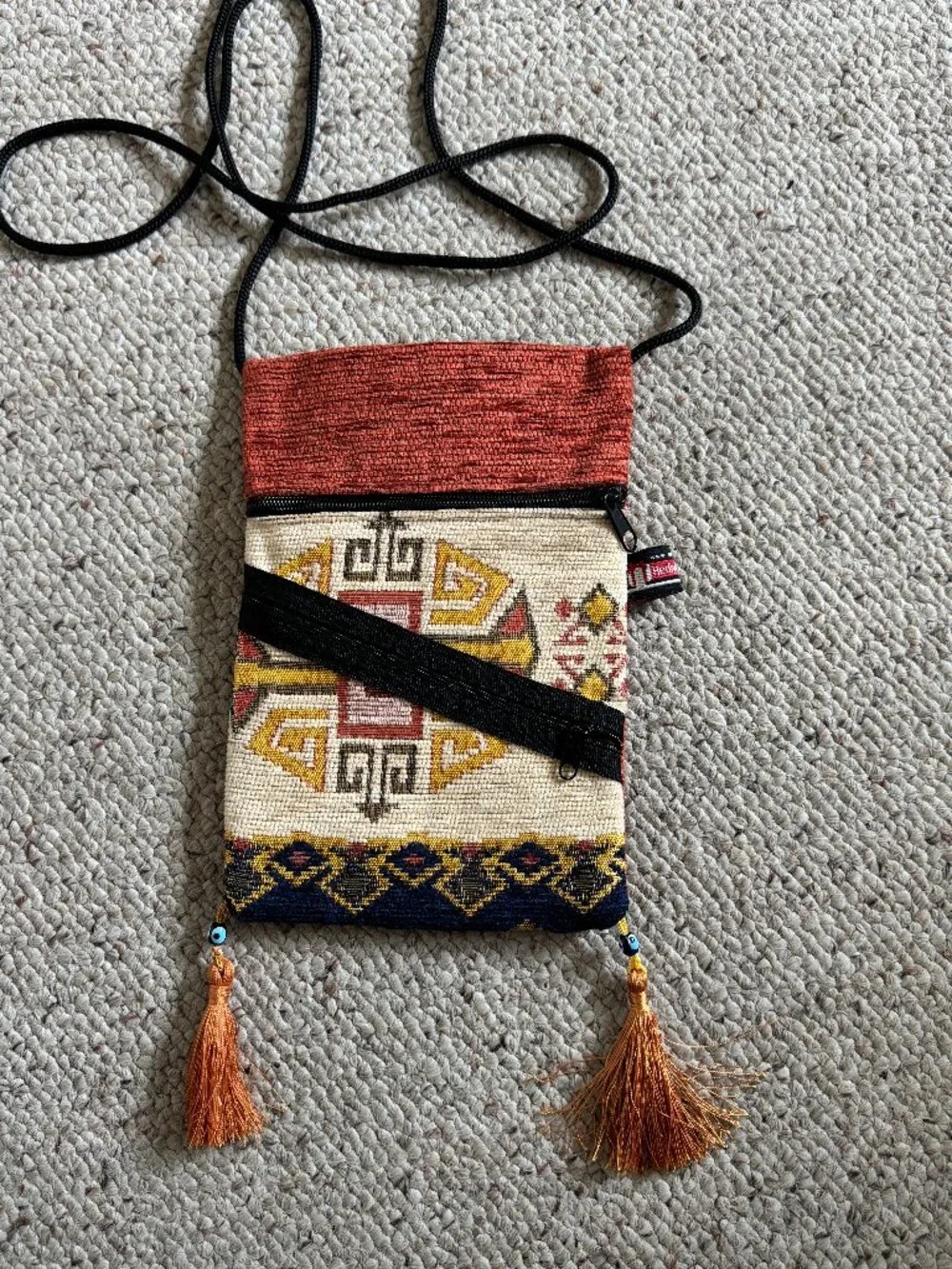 Hediyeler Yundasi Boho Crossbody Tassel bag Turkish Weave Orange Gold